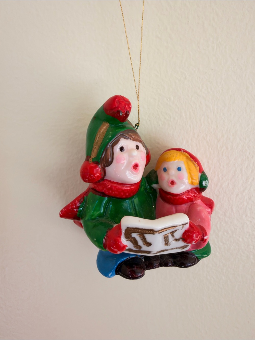 Vintage Ceramic Christmas Carolers Ornament, Two Children Singing from Songbook,